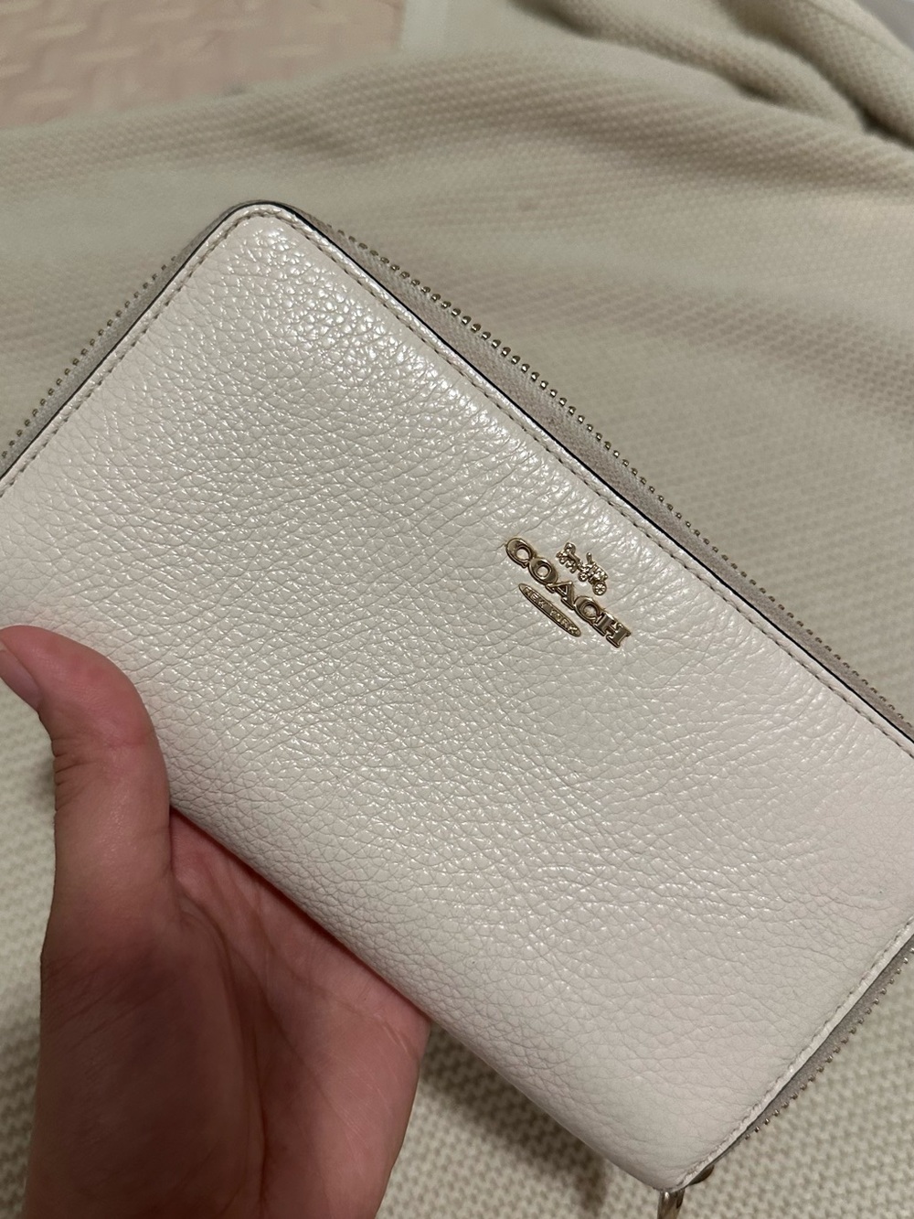 Coach Cream Pebbled Leather Zip-Around Wallet with Gold Logo